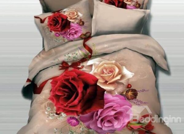 Three Color Roses and Red Ribbon Print 3D Duvet Cover Sets