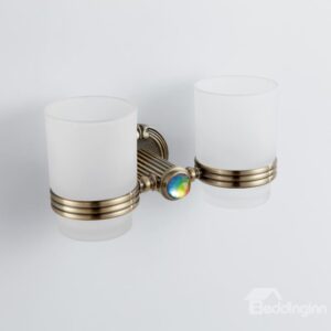 Colorful Crystal Decorated Bronze Finish Brass Double Cup Toothbrush Holder
