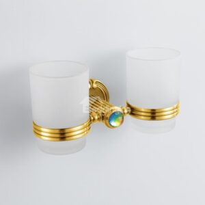 Antique Style Colorful Crystal Decorated Ti-PAD Finish Brass Double Cup Toothbrush Holder Rack