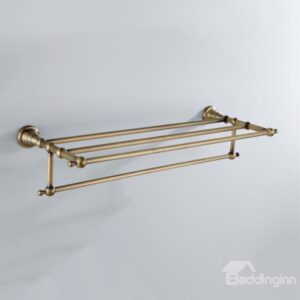 Antique Golden Brass Wall-mounted Bathroom Shelf With Towel Bar