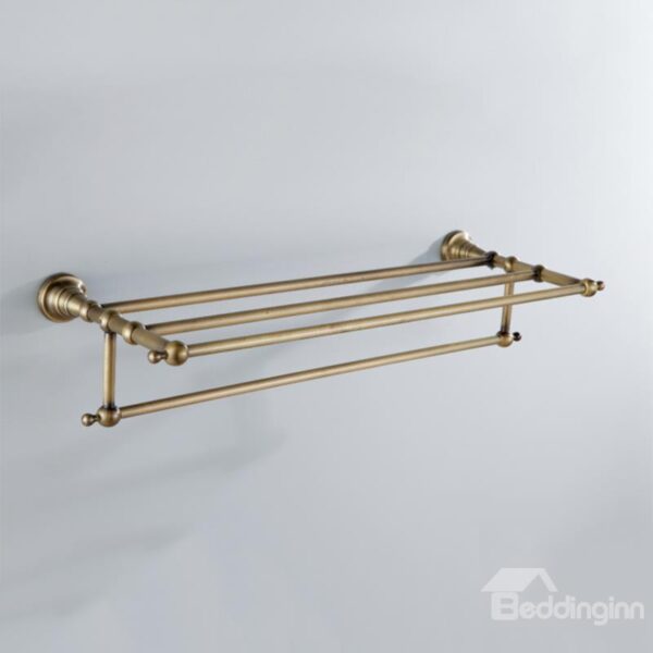 Antique Golden Brass Wall-mounted Bathroom Shelf With Towel Bar