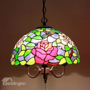 16-Inch Pretty Droaonfly aand Flower Pattern Tiffany Stained Glass Pendant Light