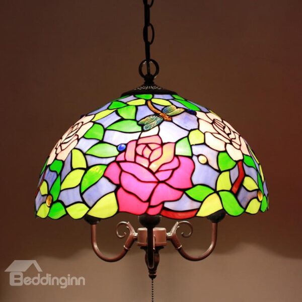 16-Inch Pretty Droaonfly aand Flower Pattern Tiffany Stained Glass Pendant Light