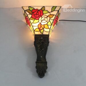 14-Inch Alluring Tiffany Style Roses Pattern Stained Glass Pocket Lantern