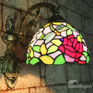 Alluring Tiffany Style Dragonfly and Rose Pattern Stained Glass Wall Light