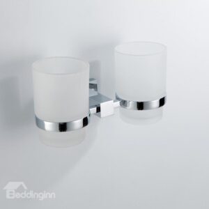 Contemporary Style Chrome Finish Wall Mounted Brass Double Cup Toothbrush Holder Rack