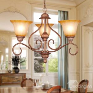 Bronze Iron Marerial Glass Shade 3 Lights Chandelier