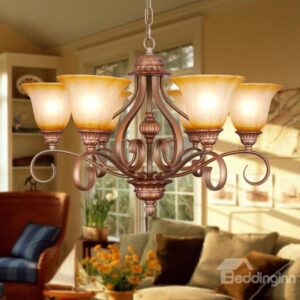 Bronze Iron Marerial Glass Shade 6 Lights Chandelier