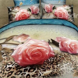 Beautiful Rose on the Leopard Beach Print 3D Duvet Cover Sets