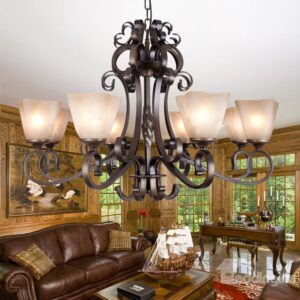 Fantastic Bronze Iron Glass Shade 8 Lights Chandelier