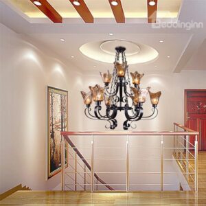 Alluring Matt-black Iron Glass Shade 9 Lights Chandelier