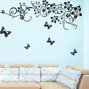 New Arrival Flower Rattan and Black Butterfly Wall Stickers