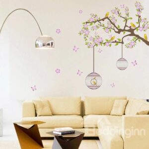 New Arrival Idyllic Style Birds on Flowery Branch and Cages Wall Stickers
