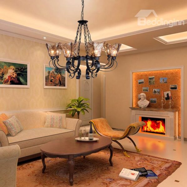 Alluring Matt-black Iron Glass Shade 8 Lights Chandelier