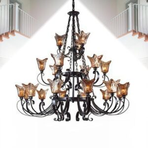 Alluring Matt-black Iron Glass Shade 21 Lights Chandelier
