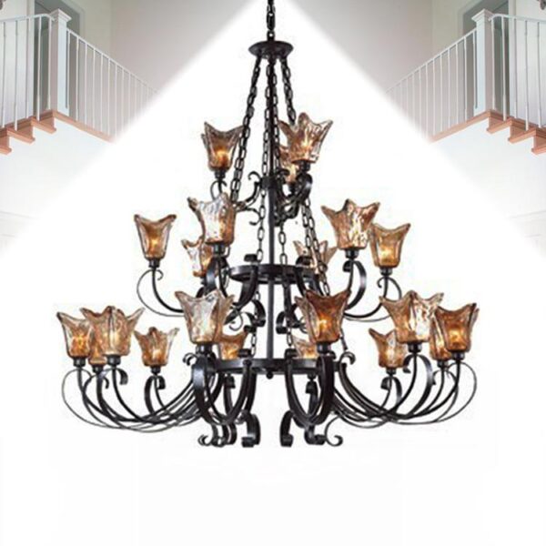 Alluring Matt-black Iron Glass Shade 21 Lights Chandelier