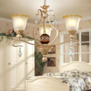 Amazing Iron Crystal Pearly Yellow Glass Shade 3 Lights Chandelier