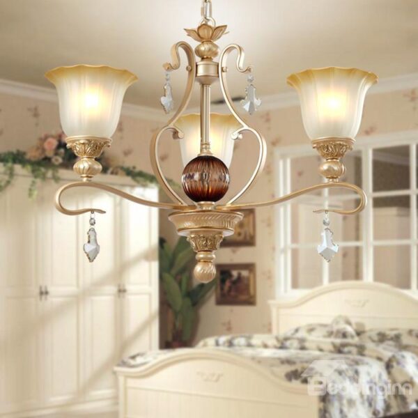 Amazing Iron Crystal Pearly Yellow Glass Shade 3 Lights Chandelier