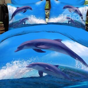 Dolphins Jumping out of Blue Water Print Polyester 3D Bedding Sets