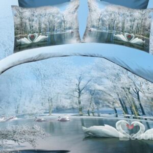 White Swan on River and Ice Tree Print Polyester 3D Bedding Sets