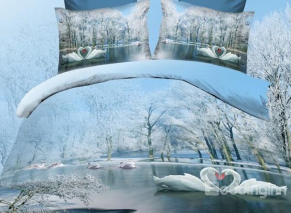 White Swan on River and Ice Tree Print Polyester 3D Bedding Sets