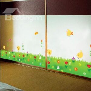 New Arrival Chicks on Grassland and Fancy Flowers Wall Stickers