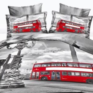 Red Bus Running on the Street Print Polyester 3D Bedding Sets