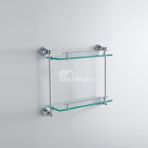 Chrome Finish Contemporary Style Wall Mounted Brass Doudle Layer Glass Shelf