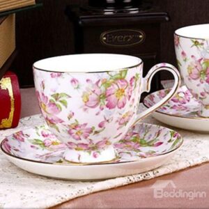 Allluring European Style Pink Roses Bone China 2 Cups and 2 Saucers Sets