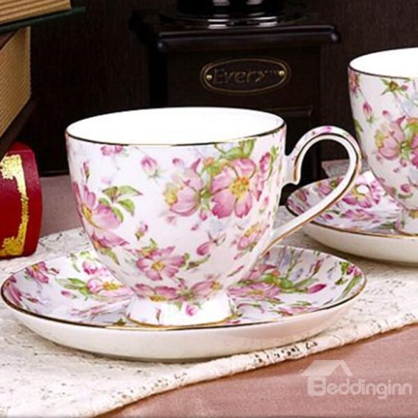 Allluring European Style Pink Roses Bone China 2 Cups and 2 Saucers Sets
