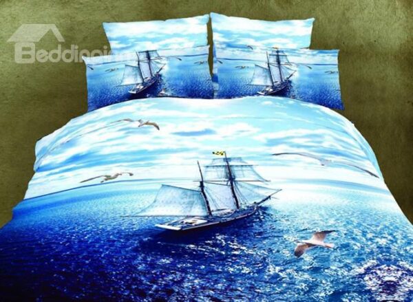 Alluring Sea Gulls and Sailing Boat Polyester 3D Bedding Sets