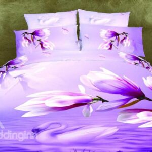 High Quality Purple Magnolia 4 Pieces Polyester 3D Bedding Sets