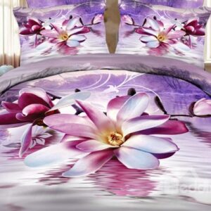 High Quality Elegant Purple Magnolia Print 4 Pieces Polyester 3D Bedding Sets