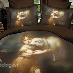 High Quality Lovely Child and Sheep 4 Piece Polyester 3D Bedding Sets
