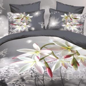 High Quality Fancy Orchid Print 4 Piece Cotton 3D Bedding Sets