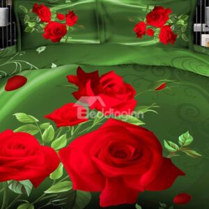 High Quality Fragrant and Elegant Red Roses 4 Pieces Polyester 3D Bedding Sets