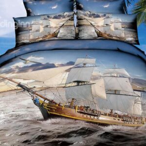 High Quality Ship Sailing on the Sea Print 4 Pieces Polyester 3D Bedding Sets
