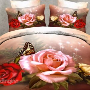High Quality Elegant Roses and Butterfly Print 4 Pieces Polyester 3D Bedding Sets