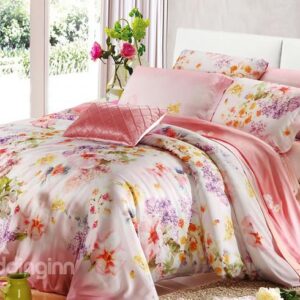 High Quality Comfortable Bright Floral Patterns 4 Pieces Tencel Bedding Sets