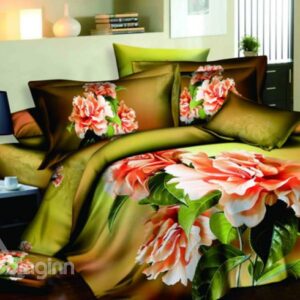 Dark Green Flowers Printed 4 Piece Cotton Bedding Sets