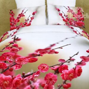 Pink Flowers and Bud Cotton 4 Piece Duvet Cover Bedding Sets