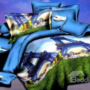 Serene Eiffel Tower Print 4 Piece Polyester 3D Bedding Sets