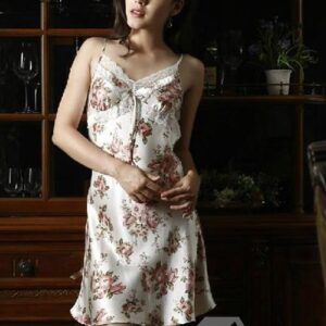 High Quality Romantic Fancy Pink Flower Print Silk Loungewear
