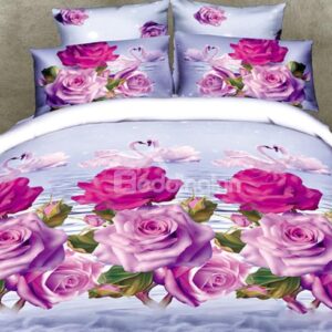 Beautiful Swan and Pink Roses Print 3D Duvet Cover Sets