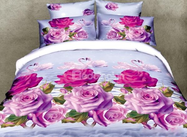 Beautiful Swan and Pink Roses Print 3D Duvet Cover Sets