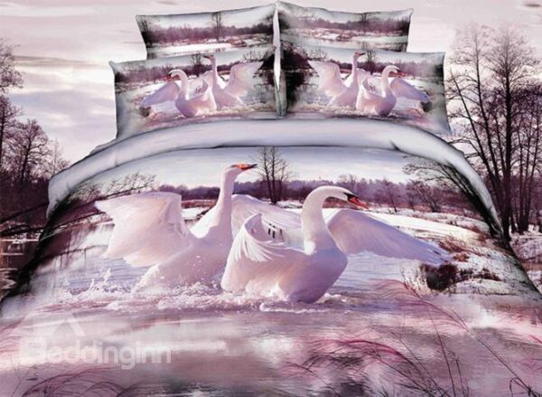 Swimming White Swan Couple Print 3D Duvet Cover Sets