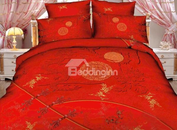 Pretty Red Color Dragon and Moon Print 3D Duvet Cover Sets