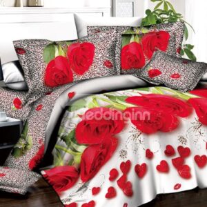 Romantic Red Roses and Heart Shape Petals Print 3D Duvet Cover Sets
