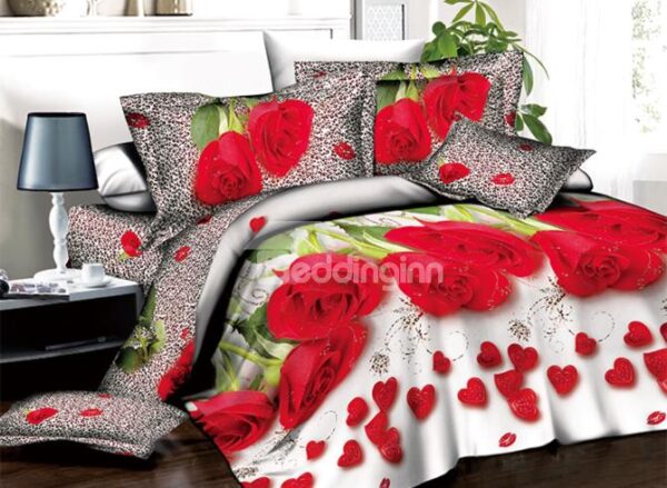 Romantic Red Roses and Heart Shape Petals Print 3D Duvet Cover Sets