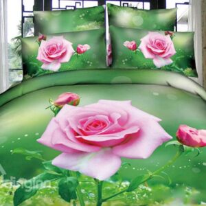 A Branch of Pink Rose with Green Background Print 4-Piece 3D Duvet Cover Sets
